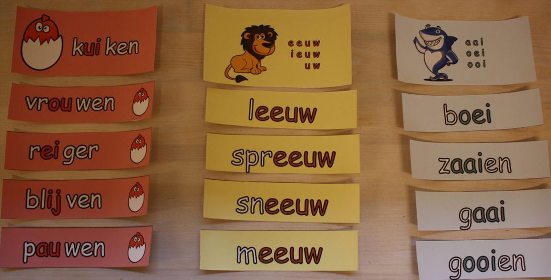 Spellingkaarten met woordrijen: kuiken en vrouwen, leeuw en spreeuw, boei en zaaien